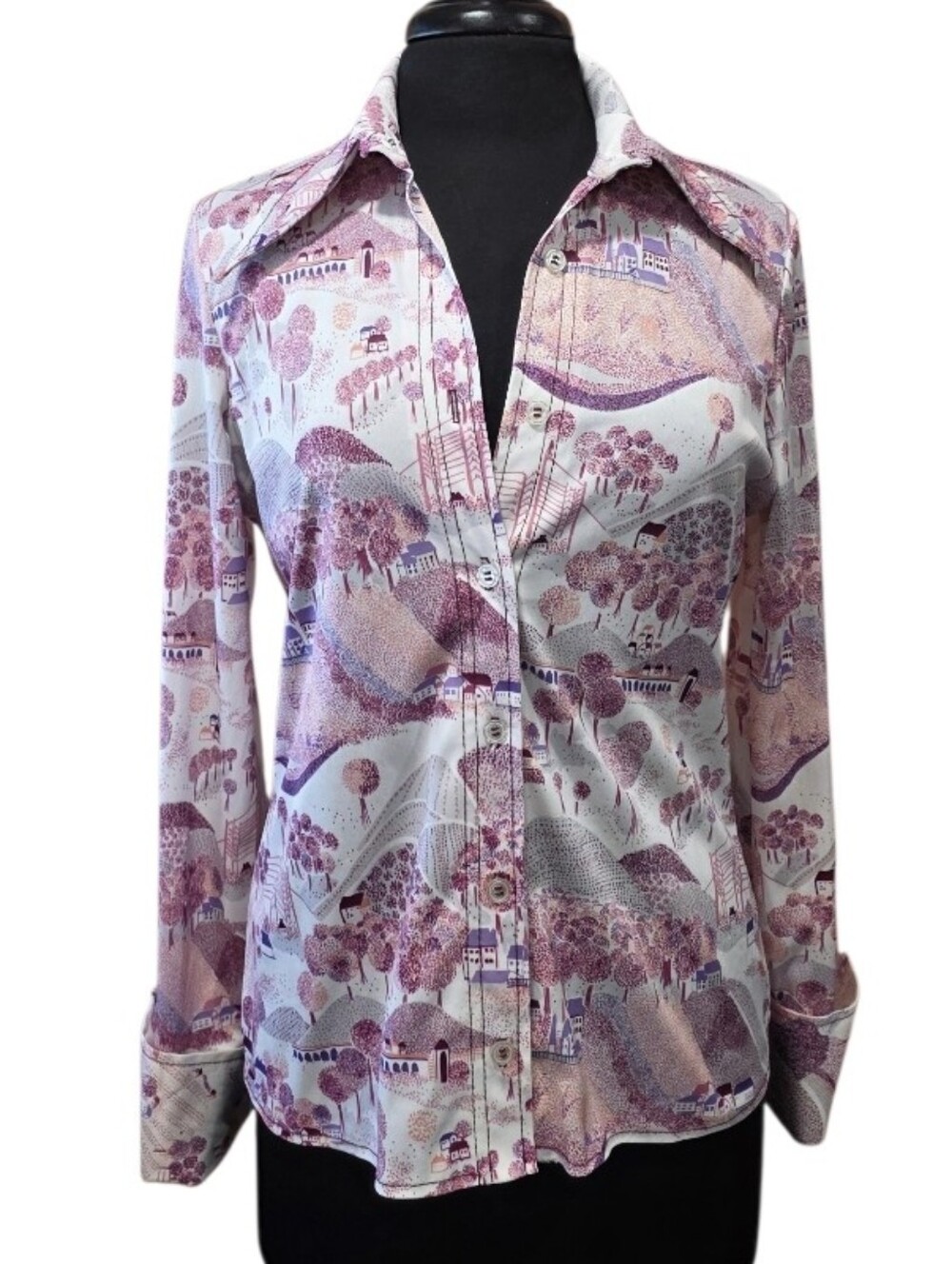 Vintage 70s Handmade Button-Down Shirt  Pink Lavender Boho Collar Landscape